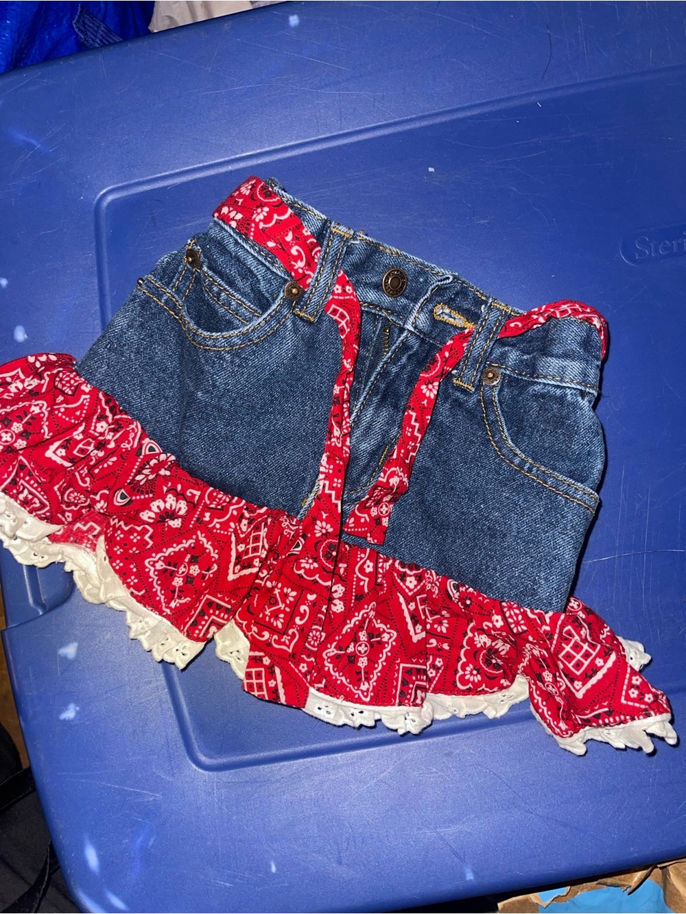 Kiddie Korral Denim Jean Skirt with Red Bandana Ruffle Trim